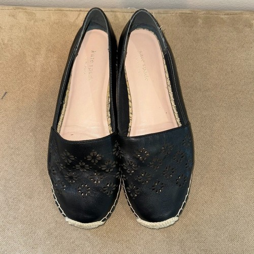 Kate Spade Gillian Black Leather Espadrille Slip On Laser CutOut womens Sz 9M - Picture 2 of 7