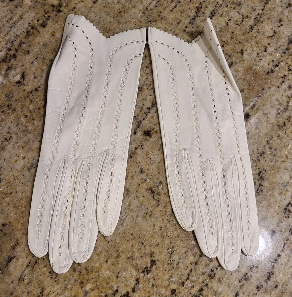 Новый! Перчатки винтажные размер M/L 7 кремовая кожа 9,5 дюйма официальный плетеный вырез - Изображение 2 из 4