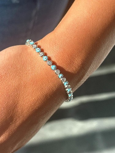 Platino Plata de Ley Esmalte Azul Evil Eye Safiro Blanco Tenis Brazalete - Imagen 9 de 17