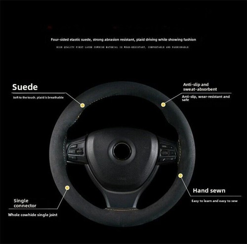 Brand New Anti Slip Suede Leather Steering Wheel Cover Stitch On 38cm Universal - Picture 7 of 36