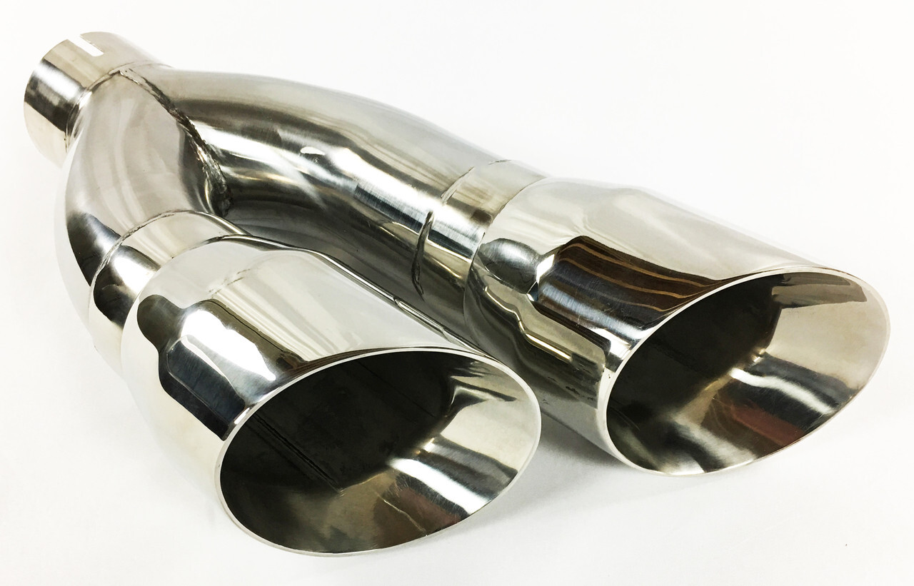 Exhaust Tip Dual 4.00  Outlet 3.00  Inlet  16.00  long Slant 304 Polished Stainl
