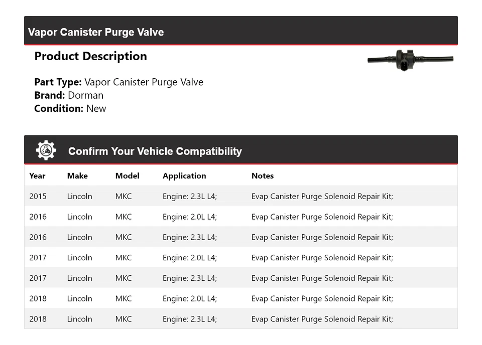 Válvula de purga de bote de vapor Lincoln MKC Dorman 2015-2018 2016 2017 Foto 2 de 4