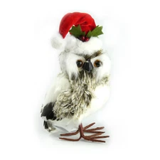 Furry White Snow Owl in Christmas Santa Hat for Tabletop, Mantle, Countertop, H