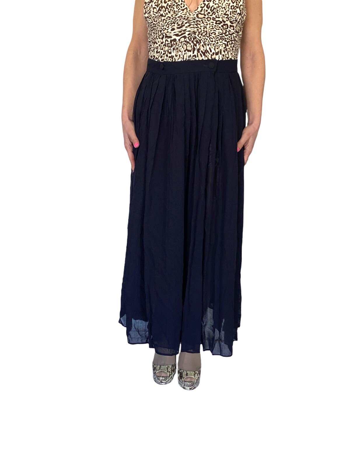 ALBERTA FERRETTI NAVY WOOL PLEATED MIDI MAXI HIGH WAISTED
