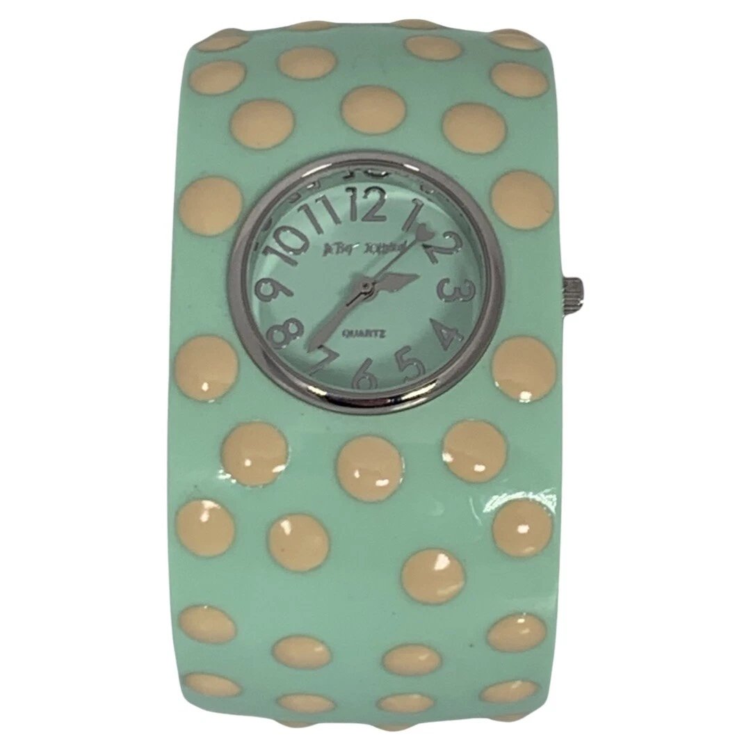 VTG BETSEY JOHNSON Blue Polka Dot Hinged Woman\'s Bangle Watch 7\