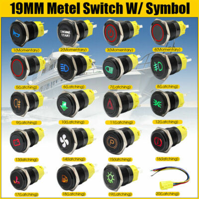 19mm 12V LED Power Symbol ON-OFF Druckknopf Schalter Latch Metall Wasserdicht