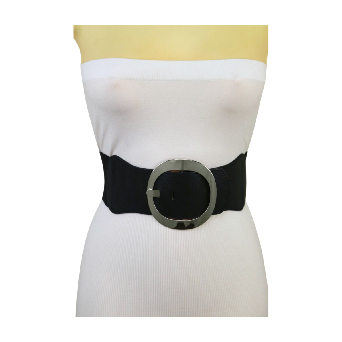 新品☆Round Buckle Leather Wide Belt Women Black Faux Leather Wide Elastic Belt Silver Round