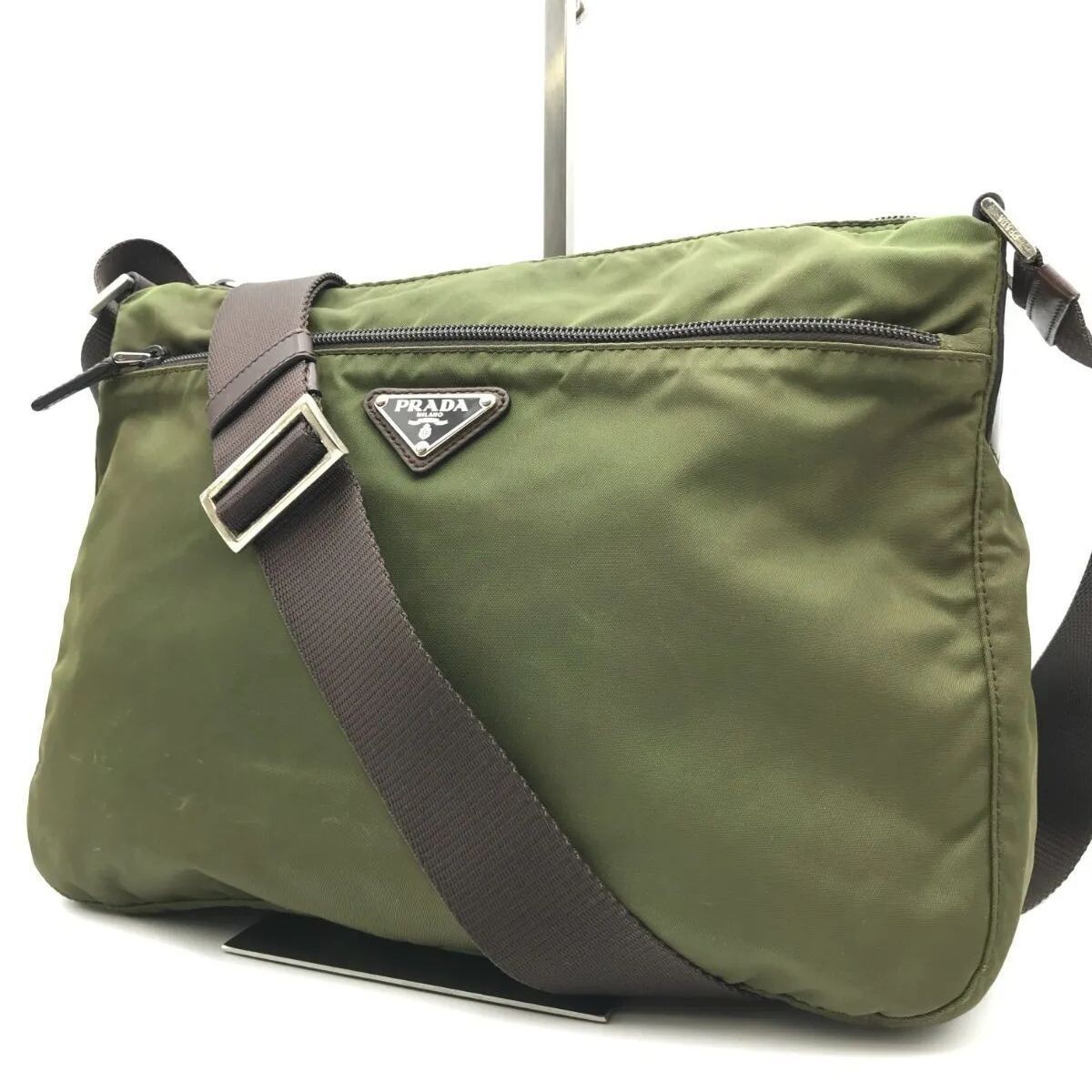 PRADA Khaki Brown Nylon Leather Shoulder Crossbody Bag Triangle Logo Auth