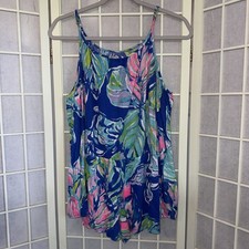 Lilly Pulitzer Girls Cold Shoulder Romper Blue Pink Green Palm Cotton XL 12-14