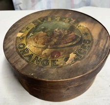Antique SWEET ORANGE SLICES Round Candy Pantry Storage Box w/Lid. 8.5" X 4"