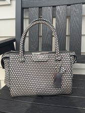 Guess Satchel Handbag Black Silver Pattern Metallic Logo Charm Tote Purse