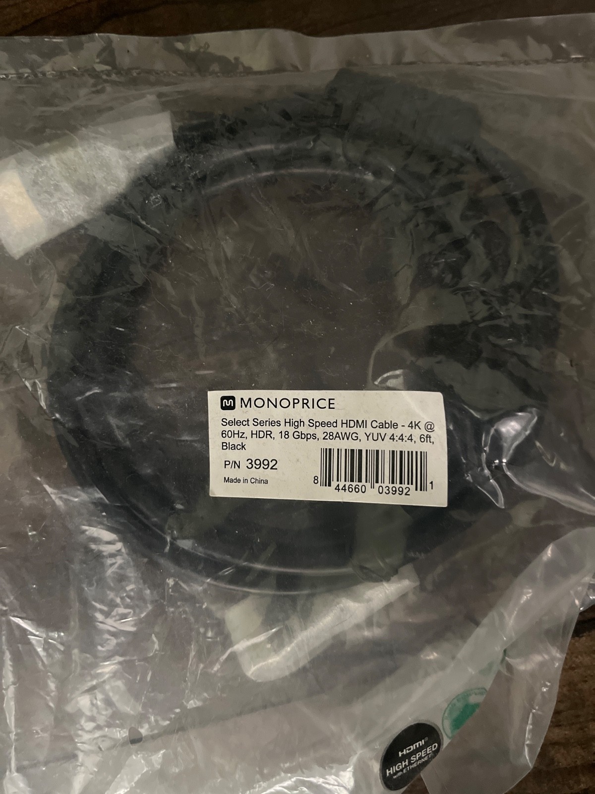 Monoprice 3992 6' HDMI High Speed 2 Certified Cable 18 Gbps 28AWG Black 4K HDMI