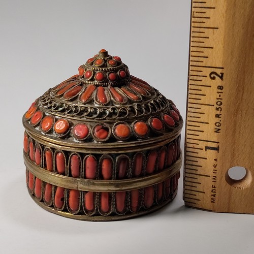 Tibetan Metal Trinket Box Red Stone Embellished w Lid Worn - Picture 10 of 11