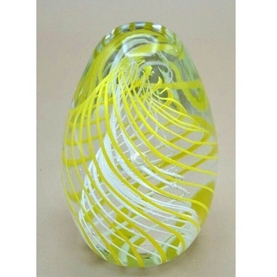  Art Glass Egg Shaped Hand Blown Yellow & White Spiral Paperweight Figurine  