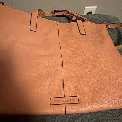 Vince Camuto Tan Pebbled Zip Tote Bag w/ Pouch, Pockets & Gold Hardware