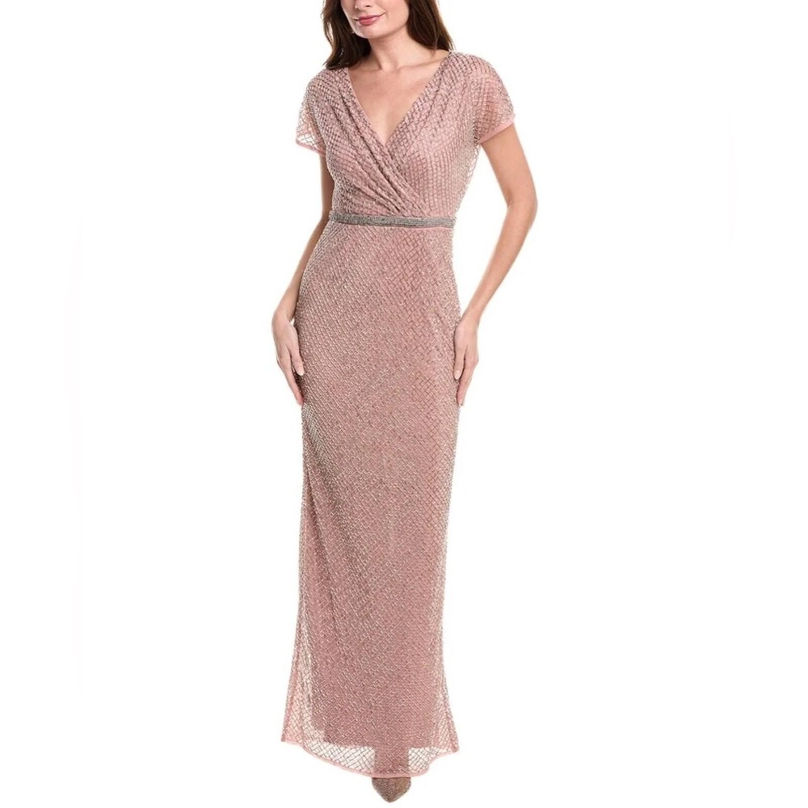 NWT Mac Duggal 93787 Lattice Beaded Short Sleeve Gown Rose Pink Silver Sz 18
