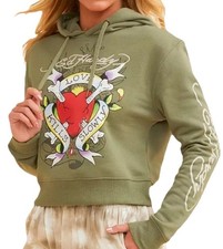 Ed Hardy Cropped Love Kills Tattoo Fleece Hoodie Y2K Women Sz Small EHWR1501-5