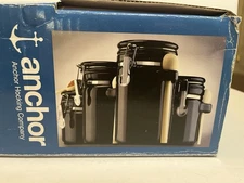 Anchor Hocking 4 Ceramic Canister Set - BLACK - Clamp Lid Wooden Spoons - New