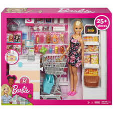 NIB Barbie Doll Supermarket Grocery shopping Playset by Mattel 25 pcs.