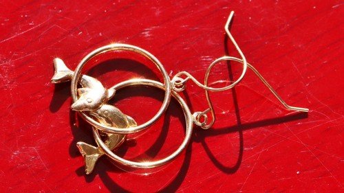 14k rose gold earrings 1.12" dolphin dangle vintage handmade 0.6gr N2817 - Picture 6 of 12