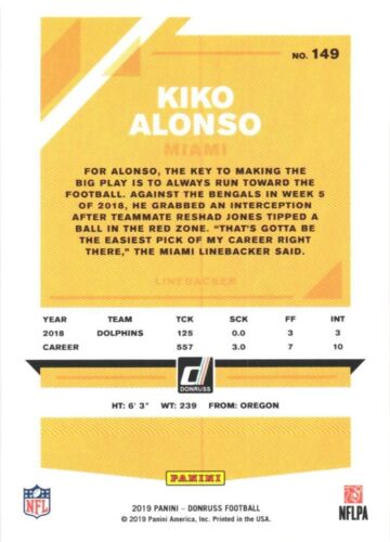 2019 Donruss #149 Kiko Alonso Miami Dolphins Football Card - Picture 2 of 2
