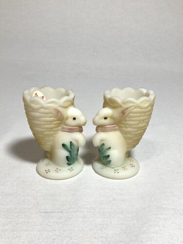 Fenton White Satin Bunny Egg Cups ~Pair~ Hand Painted & Signed - Picture 5 of 15