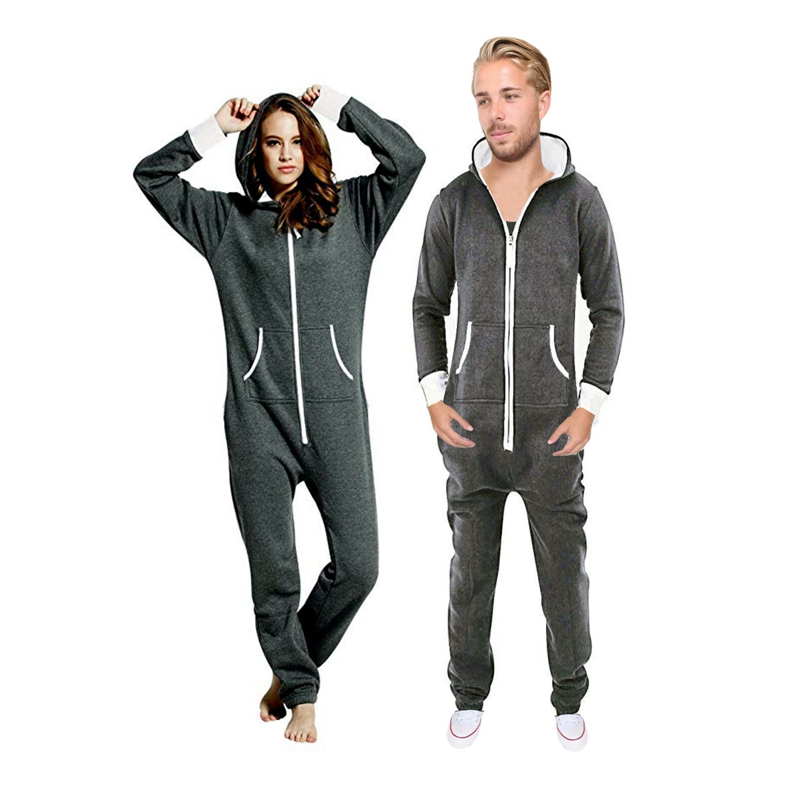 Couple Matching OnePiece Non Footed Pajamas Men Jumpsuits Women Hooded