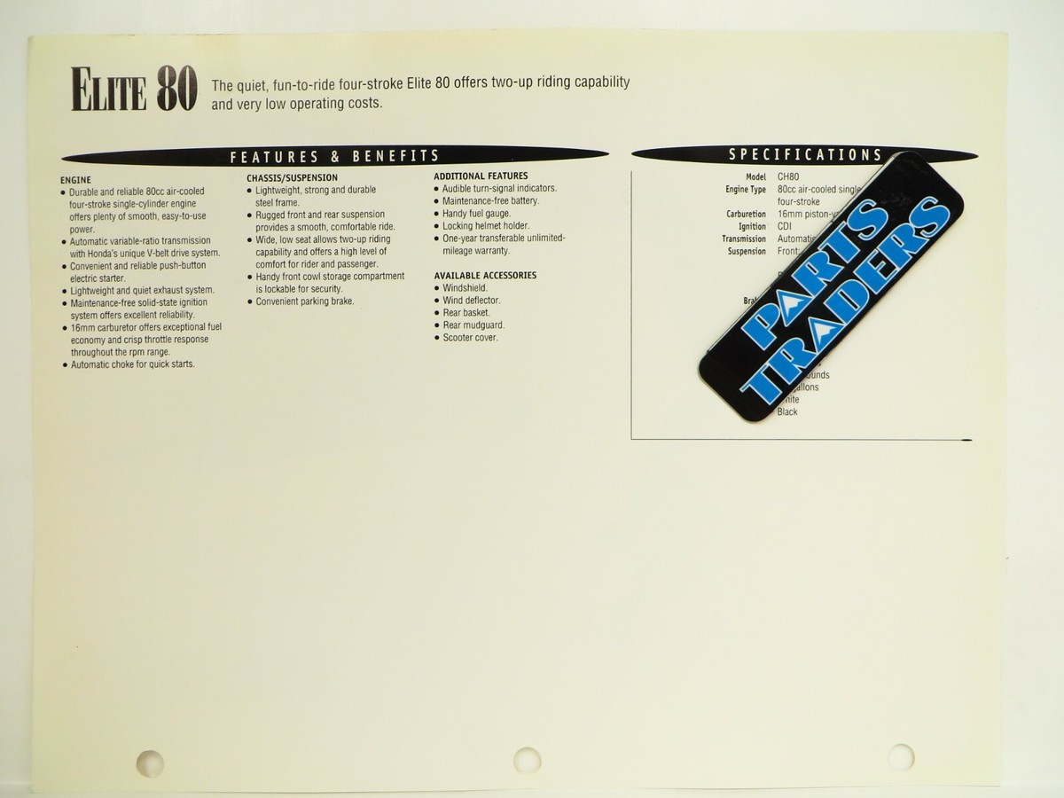 OEM Genuine Honda Red Book Single Page Spec Sheet Elite 80 CH80 CH