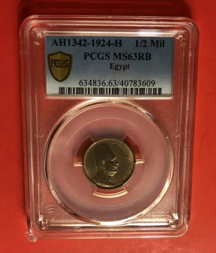 EGYPT-1924 H( AH 1342 ) UNC 1/2 MILLIEME(K.FUAD),CERTIFIED BY NGC MS-63 RB.RARE