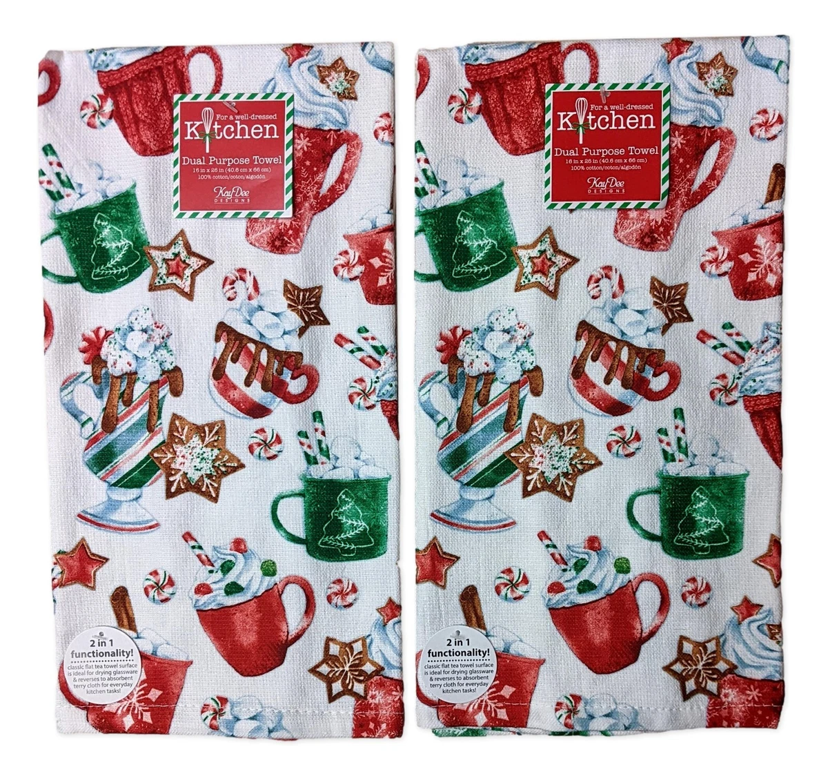 Set of 2 HOT COCOA & GINGERBREAD Christmas Terry Kitchen Towels, Kay Dee Designs