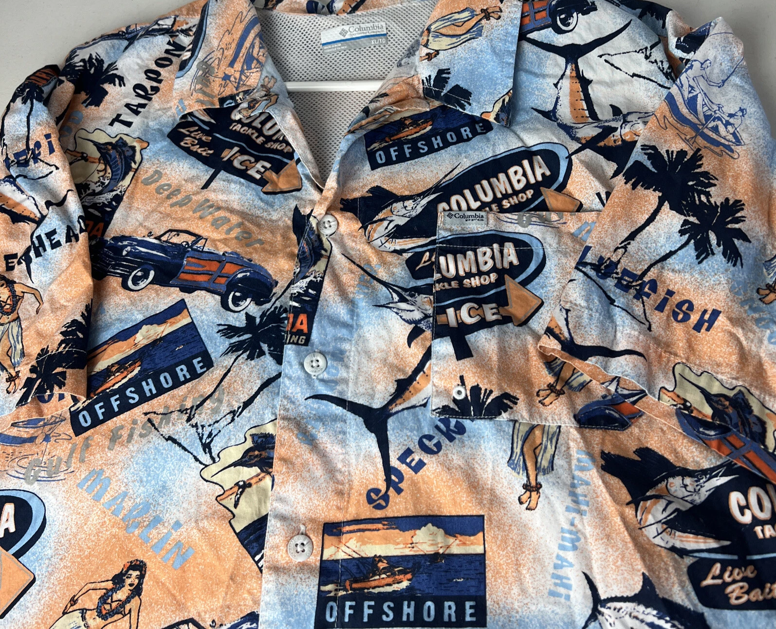 Columbia PFG Deep Sea Fishing Shirt Hula Girl Palm Trees Florida Print XL Vented