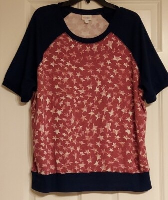 Womens Lularoe 2XL Red White Blue Star Sweater Short Sleeve Shirt Patriotic