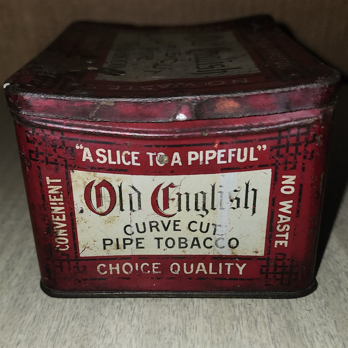 VINTAGE EMPTY OLD ENGLISH CURVE CUT PIPE TOBACCO TIN HINGED LID 4.75