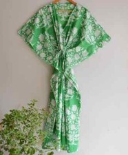 Indian 100% Cotton Long Kaftan Dress Green Color Kimono Sleepwear Caftan Maxi