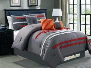 7 Pc Garland Ruffled Ribbon Striped Comforter Set Gray Orange