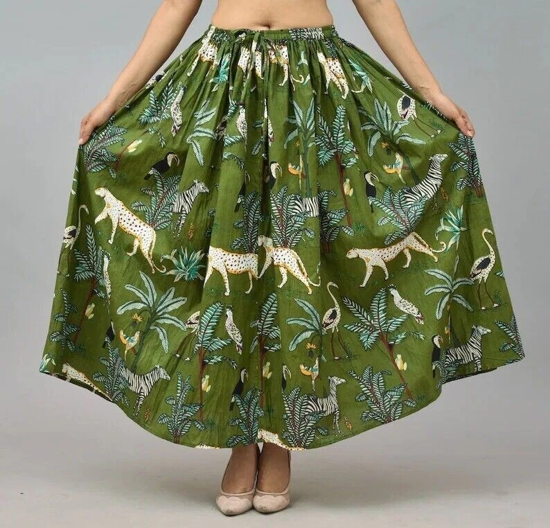 Indian Long Green Cotton Forest Tiger Skirt Women's Clothing Partywear skirt US