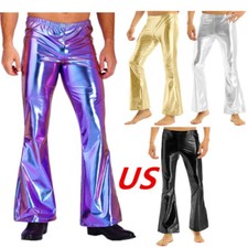 Men Shiny Metallic 70s Retro Disco Pant Bell Bottom Party Dancewear Trousers