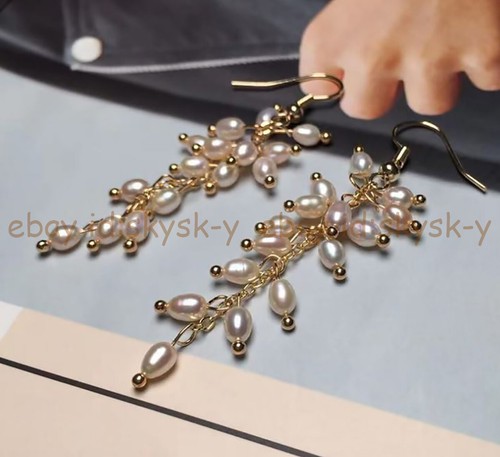Natural White Freshwater 5-6mm Rice Pearl Grape Cluster Dangle Hook Earrings - Picture 6 of 6