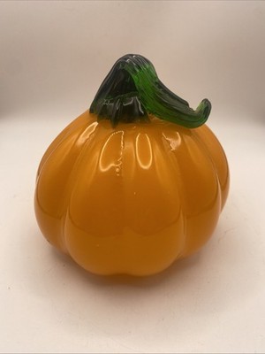 Handblown Art Glass Pumpkin 4 Tall 4 Wide with Green Twisted Stem Hand Made