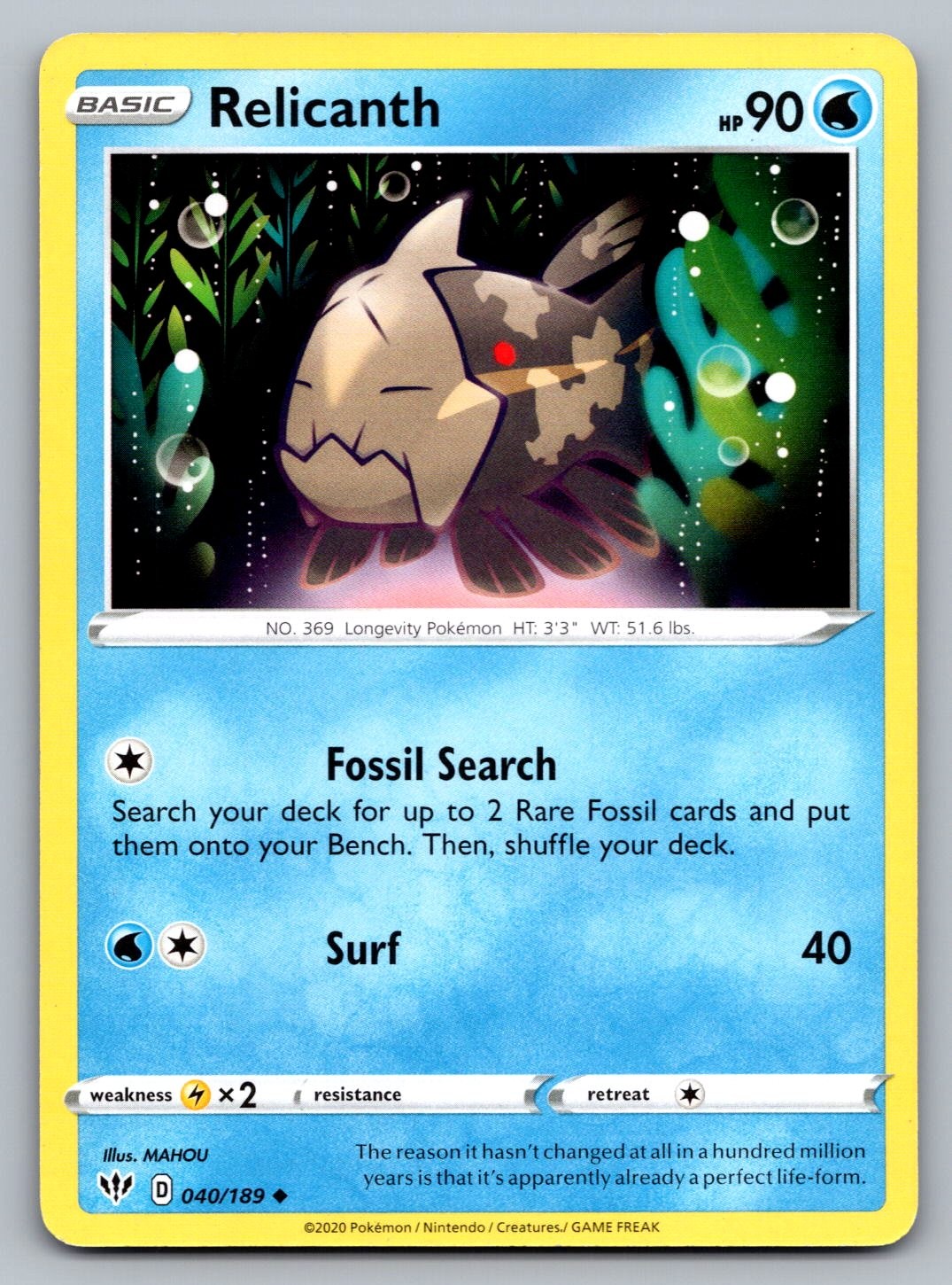 Pokemon TCG SWSH03: Darkness Ablaze Relicanth 040/189