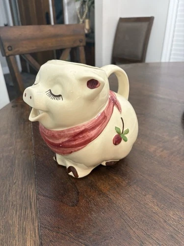 Vintage Shawnee Smiley Pig Pitcher With Apple Blossom & Red Bandana 8”
