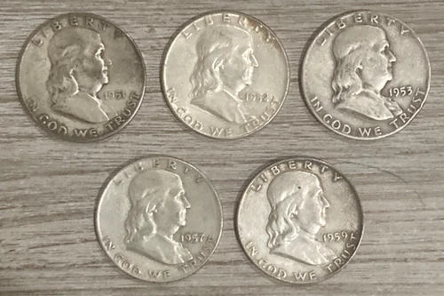 5 Franklin Half Dollars - 1951, 1952, 1953, 1957, & 1959 - 90% Silver Coins