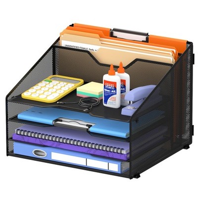 Desk File Organizer with 4 Letter Trays and 2 Vertical Sections, Heavy-Duty M...