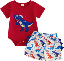 Baby Boy 4Th of July Outfit Dinosaur American Flag Embroidery Bodysuit and Stars