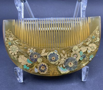 Antique Japanese Kushi Geisha Hair Comb Gold Silver Floral  display picture 3
