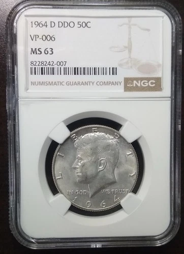 1964 D Kennedy Silver Half Dollar NGC MS 63 DDO, VP006 Unc Coin, JFK, Double Die