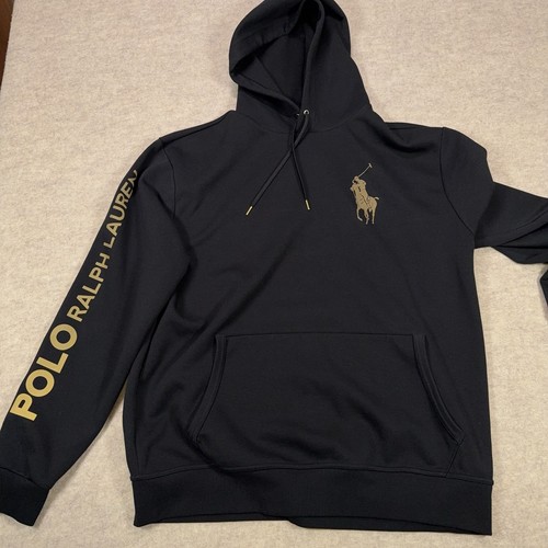 Polo Ralph Lauren Hoodie Mens Large Tall Gold Big Pony Black Spell Out Pullover - Picture 6 of 15