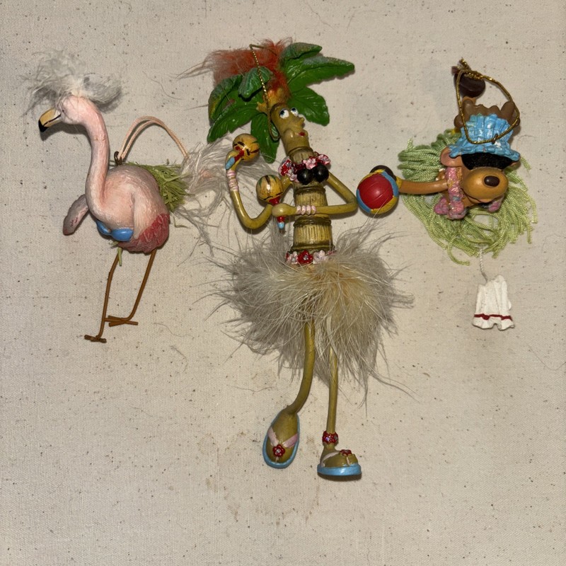 Tropical Christmas, ornaments with grass skirts lot of three VTG