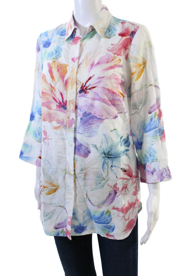 Renuar Womens Linen Floral 3/4 Sleeve Button-Down Shirt White Size 2XL - Image 2 of 4