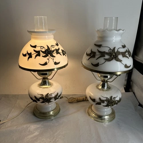 2 Vintage Hurricane Milk Glass Raised Brass Flower Pattern Table Lamps